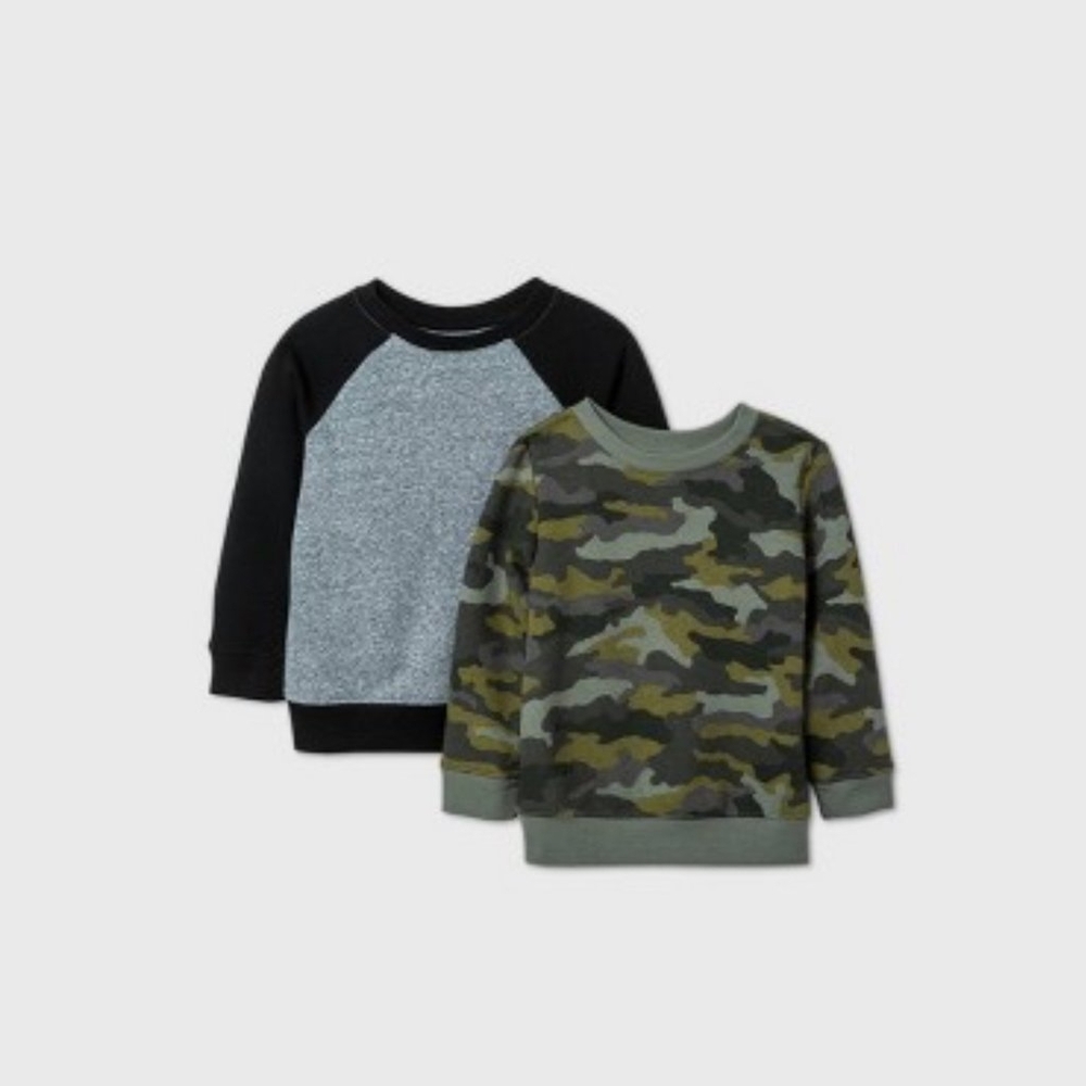Boys' 2 pack Fleece Crew Neck Sweatshirt - Cat & Jack Heather Gray/ Black / Camo